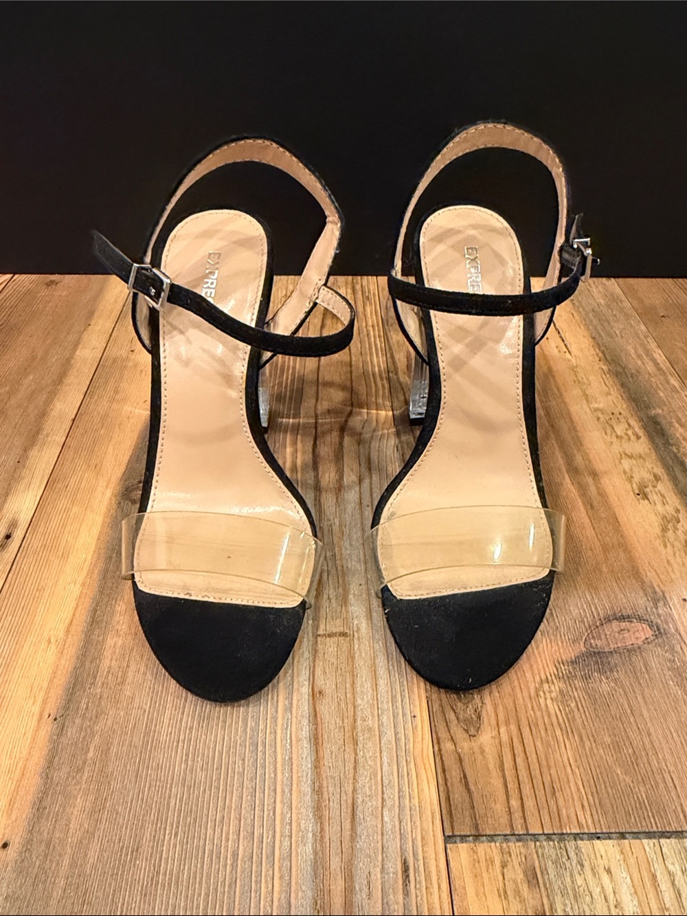 Express Clear Strap Black Suede Ankle Strap Heels